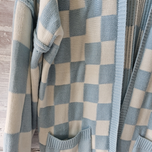 Blue and White Checkered Women's Sweater - Picture 2 of 3